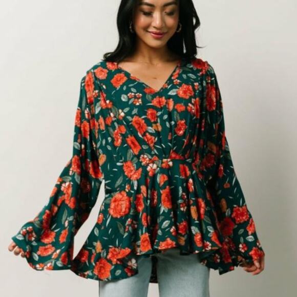 Hayden Tops - HAYDEN LOS ANGELES Green Boho Oversized Peplum V Neck Floral Top Size Large